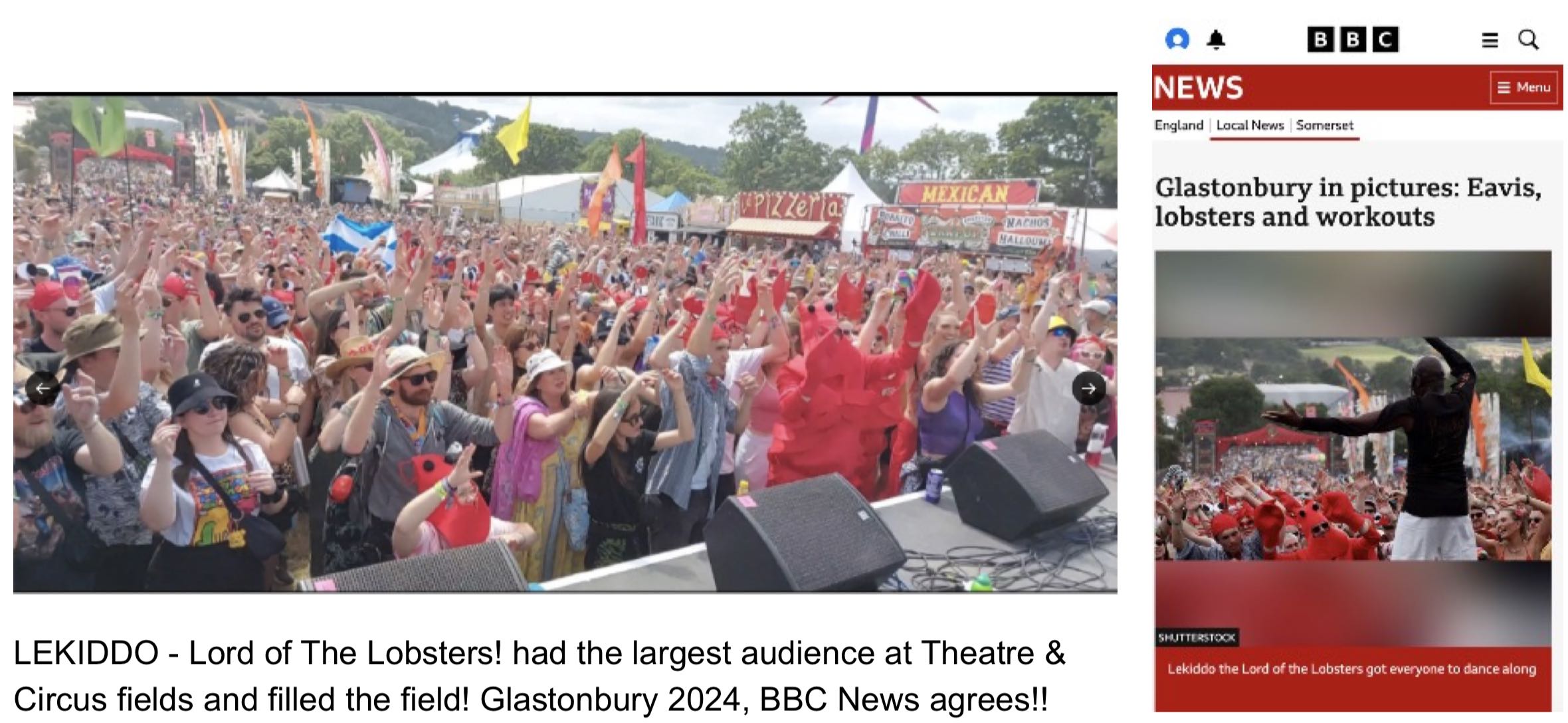 LEKIDDO - Lord of The Lobsters! has largest audience at Theatre & Circus fields and filled the field! Glastonbury Festival 2024, BBC News _ Lobsterliciously live #PinchyPinchykisskiss